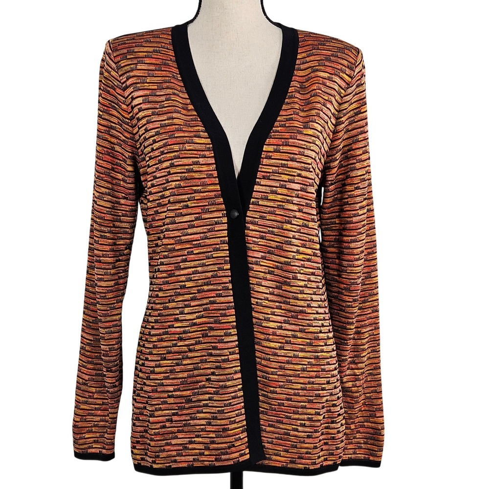 Misook Knit Vintage Cardigan Women XS Orange Yellow Striped V-Neck FLAWS